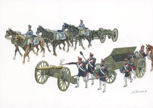 Första kejsardömet: artillerisystemet Gribeauval av Jean Baptiste de Gribeauval (1715-1789) som omorganiserade artilleriet under Ludvig XV - Första kejsardömet: systemet Gribeauval införde förbättrad teknik i det franska artilleriet sedan 1765 - Illustrati av Giuseppe Rava