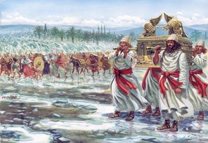 Josua med förbundsarken korsar Jordanfloden med det judiska folket - Josua med förbundsarken korsar Jordanfloden med det judiska folket - Illustration av Giuseppe Rava
