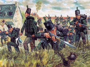 Napoleonkriget: Brittiska gevärsskyttar från 95th Regiment of Rifliers försvarar ett sandbrott under slaget vid Waterloo 18/06/1815 - (Napoleonkrigen: brittiska gevärsskyttar försvarar ett sandbrott under slaget vid Waterloo den 18 juni 1815) Illustration  av Giuseppe Rava