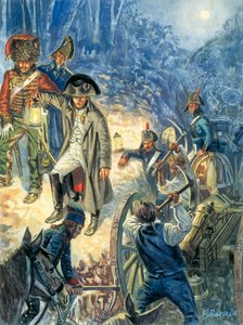 Kampanjen i Preussen och Polen: Kejsar Napoleon I (1769-1821) inför slaget vid Iena och Auerstaedt 14/10/1805 - Kejsar Napoleon I natten före slaget vid Jena-Auerstedt (Jena Auerstedt) mot den preussiska armén den 14 oktober 1805 - Illustr. av Giuseppe Rava