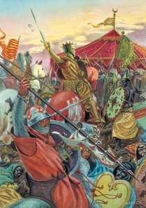 Spaniens återerövring: Slaget vid Navas de Tolosa den 16/07/1212 mellan de kristna och morernas armé - reconquista: Slaget vid Las Navas de Tolosa (slaget vid Al-Uqab) den 16 juli 1212 mellan styrkor från kung Alfonso VIII av Kastilien tillsammans med av Giuseppe Rava