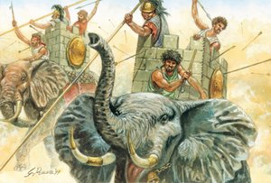 Romersk antikvitet: Hannibals elefanter - elefanter som hjälpte general Hannibal (247-183 f.Kr.) att korsa Alperna år 218 f.Kr. under det andra puniska kriget Illustration av Giuseppe Rava