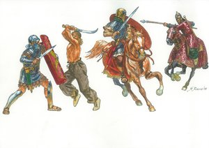 Romersk legionär kämpar mot en dakisk krigare och romersk ryttare mot en sarmatisk katafraktor av Giuseppe Rava