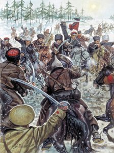 Ryska inbördeskriget (1917-1923): Kaukasiska soldater vid de vita arméernas sida 1919 - Ryska inbördeskriget: kosackerna kämpar mot den vitryska armén 1919 - Illustration av Giuseppe Rava av Giuseppe Rava