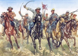 Secessionskriget (1861-1865) - Amerikanska inbördeskriget: de konfedererade soldaternas kavalleri i anfall - Illustration av Giuseppe Rava av Giuseppe Rava