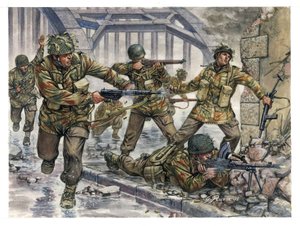 Andra världskriget: Engelska fallskärmsjägare med smeknamnet "Red Devils" under Operation Market Garden i Holland i september 1944 - WWII: Operation Market Garden, de brittiska fallskärmsjägarna kända som de röda djävlarna, i september 1944 - Illustration  av Giuseppe Rava