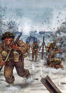 Andra världskriget: Skotska soldater under landstigningen i Normandie 6/06/1944 - Andra världskriget, D-dagen: Skotska soldater under landstigningen i Normandie den 6 juni 1944 - Illustration av Giuseppe Rava av Giuseppe Rava