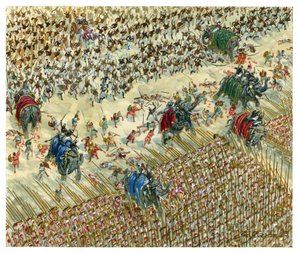 Slaget vid Hydaspes Alexander och Porus strider 327 f.Kr. - Alexander den store fortsätter sin erövring mot Indusdalen - Alexander den store mot kung Porus under slaget vid Hydaspes - Illustration av Giuseppe Rava av Giuseppe Rava