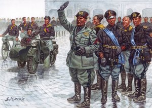 Duce Benito Mussolini (1883-1945), tillsammans med sina svartskjortor (Camicie nere), gör den fascistiska hälsningen under en militärparad - Benito Mussolini och svartskjortorna under en militärparad - Illustration av Giuseppe Rava av Giuseppe Rava