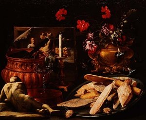 Stilleben med blommor i en förgylld urna, en målning och kakor på en salver (olja på duk)