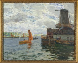 Väderkvarn i Dordrecht (olja på kort) av Giuseppe Sacheri