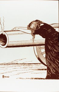 Första världskriget: en krigsallegori, en kvinna, förmodligen änka, i förtvivlan, förlitar sig på en kanon som fortfarande ryker. Affisch av Giuseppe Scalarini (1873-1948) 1914 Privat samling Observera! Användningen av detta verk kan vara föremål för en be av Giuseppe Scalarini