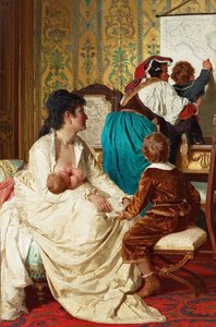 ""Les joies de la bonne mere"" (The Joys Of The Good Mother) En mamma som ammar sitt barn - Målning av Giuseppe Sciuti (1834-1911) 1877 Privat samling
