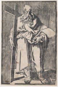 Saint Philip står och håller en bok och ett kors, ca. 1590-1600.