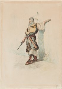En morisk soldat framför en solbelyst vägg