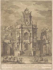 Seconda Macchina för Chinea 1776: Ett palats med en loggia för lotteridragningen av Giuseppe Vasi, after Giuseppe Palazzi