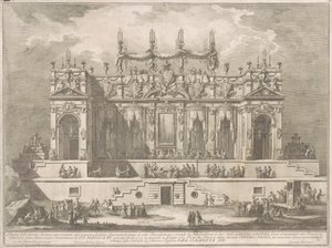 Seconda Macchina för Kina 1764: Ett magnifikt galleri upplyst på natten av Giuseppe Vasi, after Giuseppe Palazzi, after Paolo Posi