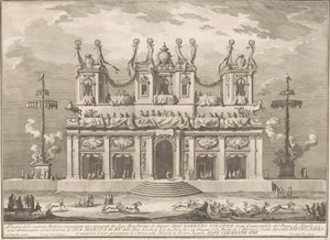 Seconda Macchina för Kina 1765: En dekorerad byggnad med Cockaigne-stolpar av Giuseppe Vasi, after Giuseppe Palazzi, after Paolo Posi