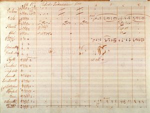 Sida av den första upplagan av musikmusiken av Un ballo in maschera, opera av Giuseppe Verdi