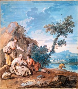 Tre bönder vilande på en flodstrand, c1750.