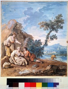 Tre bönder vilar på en flodstrand. Målning av Giuseppe Zais (1709-1784). Akvarell på papper, 29,5 x 26,2 cm, ca 1750. Venetiansk skola, italiensk målning 1700-tal. Pushkins konstmuseum,