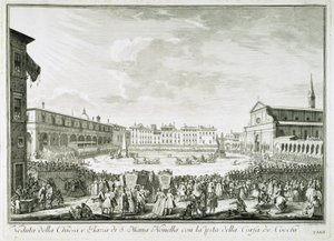 Högtiden för Corsa dei Cocchi på Piazza Santa Maria Novella. Corsa dei Cocchi-festen på torget vid kyrkan Santa Maria Novella i Florens. Teckning av Giuseppe Zocchi (1711-1767). Florens, Biblioteca Riccardiana. av Giuseppe Zocchi
