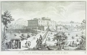 Villa Palmieri i Fiesole, av Giuseppe Zocchi (1711-1767), Utsikt över villorna och omgivningarna i Toscana, Italien