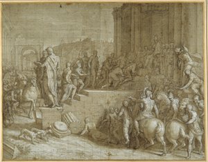 Legenden om sju kungar som hyllar en påve (penna och brunt bläck med tvätt och vit kroppsfärg på carta azzurra) av Giuseppe della Porta Salviati