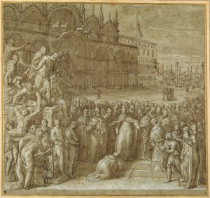 Försoningen mellan påven Alexander III och Fredrik Barbarossa, i närvaro av Doge Sebastiano Ziani (penna & brunt bläck med brun tvätt och höjning) av Giuseppe della Porta Salviati