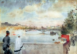 Seines strand Två kvinnor som sitter på en bro i Paris tittar mot floden, till höger bokmakarna i hamnen. Akvarell av Giuseppe De Nittis (1846-1884) 1875 Galleria d