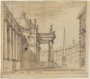 Scenografi: En Piazza med en kupolförsedd kyrka och en obelisk av Giuseppino Galliari
