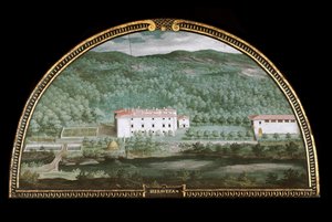 Utsikt över Villa di Seravezza nära Massa Carrara, Italien (Tempera