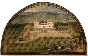 Villa "" La Peggio "" av Giusto Utens (1500-talet). Män som spelar boll. Florens museum som det var. Florens.