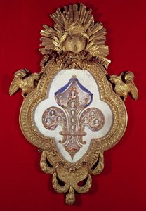 The Fleur de France, genealogiskt träd med tretton porträtt av Ludvig XV (1710-74) och hans ättlingar i en fleur-de-lys formad ram, 1765 (guld och emalj)