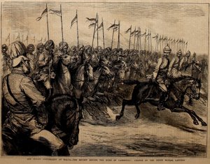 Vår indiska kontingent på Malta, genomgången inför hertigen av Cambridge, Charge of the Ninth Bengal Lancers. av Godefroy Durand