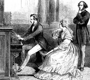 Drottning Victoria tittar på prins Albert som spelar orgel till Felix Mendelssohn
