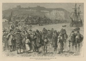 Hugenotterna i England: Franska hugenottflyktingar som landstiger i Dover 1685 (gravyr)