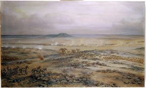 Attacken på Cronjes styrka vid Vedute Drift nära Paardeberg, 1900 av Godfrey Douglas Giles