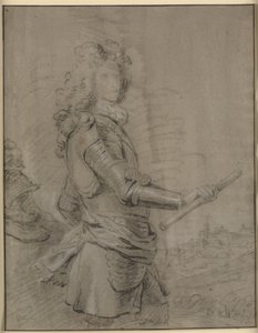 Trekvartsporträtt av en befälhavare i rustning och med en stav i höger hand. I bakgrunden ett landskap med en stad av Godfrey Kneller