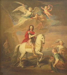 William III på en grå laddare observerad av Neptunus, Ceres och Flora. Merkurius på himlen och Astrea av Godfrey Kneller