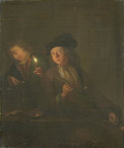 The Smoker (En man med en pipa och en man som häller upp en dryck i ett glas) av Godfried Schalcken (attributed to)