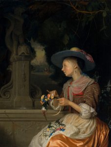 Kvinna som väver en krona av blommor, ca. 16751680.