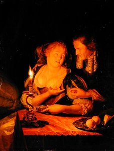 En gentleman som erbjuder en dam en ring (olja på panel) av Godfried Schalcken