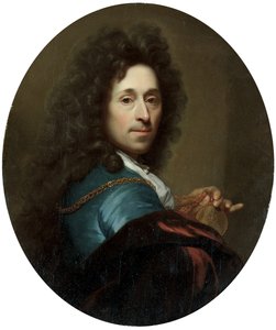 Porträtt av konstnären i en blå kappa och brun sammetskappe, med en medaljong av kurfursten Pfalz, Johann Wilhelm av Godfried Schalcken