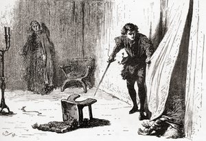 En scen ur William Shakespeares pjäs Hamlet, akt III, scen 4, Hamlet: Du eländiga, förhastade, påträngande dåre, farväl! Jag tog dig för din bättre, från William Shakespeares verk, publicerat 189.