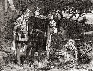 En scen ur William Shakespeares pjäs Hamlet, akt V, scen 1, Hamlet: Jag känner honom, Horatio, en kille med oändligt mycket skämt och utmärkt fantasi, från The Works of William Shakespeare, publicerad 1896 (e