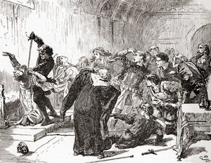 En scen ur William Shakespeares pjäs Hamlet, akt V, scen 2, Hamlet: Poängen är också förgiftad! Då, gift, till ditt arbete. (knivhugger kungen), ur The Works of William Shakespeare, publicerat 1896 (gravyr).
