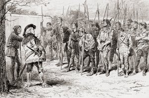 En scen från William Shakespeares pjäs Kung Henrik IV, del 1, akt IV, scen 2, Falstaffs raggarregemente, från The Works of William Shakespeare, publicerad 1896. av Gordon Frederick Browne