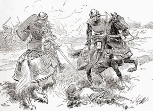 En scen från William Shakespeares pjäs Kung Henrik IV, del 1, akt V, scen 3, Earl of Douglas: Allt är gjort, allt är vunnet, här ligger kungen andfådd, från The Works of William Shakespeare, utgiven 1896. av Gordon Frederick Browne