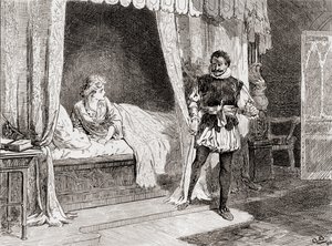 En scen ur William Shakespeares pjäs Othello Akt V, scen 2, Desdemona: Talar du om att döda? Othello: Ja, det gör jag, från The Works of William Shakespeare, utgiven 1896.